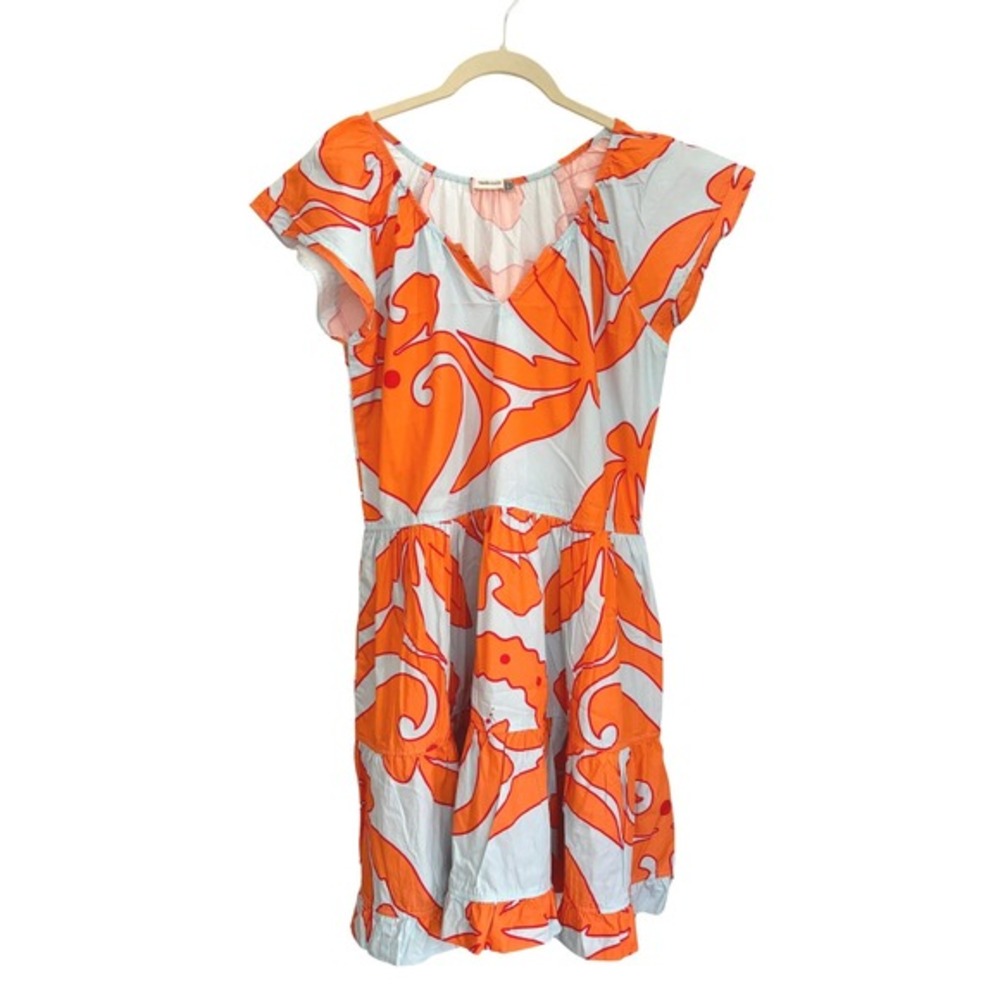 Maude Vivante Mini‎ Dress Women Size L Orange Coral Sky Tiered Ruffle V-Neck